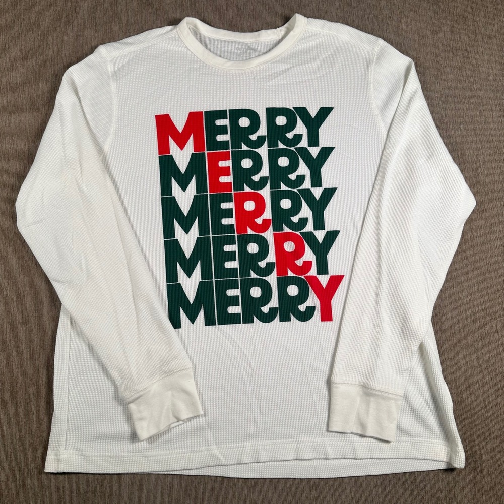 Old Navy Mens XL Merry Christmas Waffle Knit Thermal Long Sleeve Shirt White